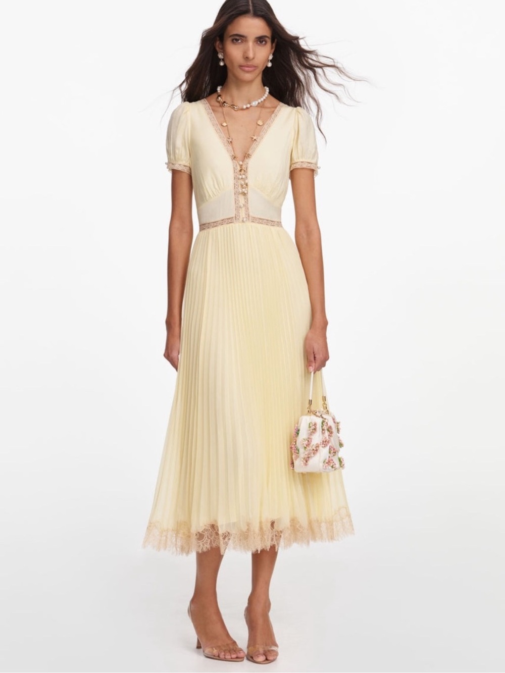NEW Self-Portrait yellow lace-trimmed pleated midi dress